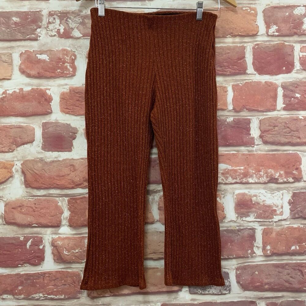 Zara Trafaluc Pants Women's Medium Rust Brown Ribbed Sparkly Cropped Pull On